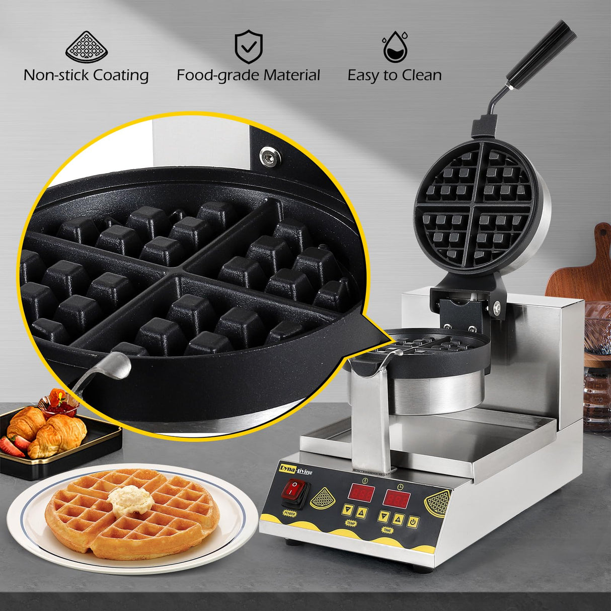 Dyna-Living Belgian Waffle Maker Commercial Intelligent Round Waffle Maker Rotating 180° Nonstick Flip Waffle Iron Machine Professional Commercial Waffle Maker for Restaurant 110V 1200W Dyna-Living