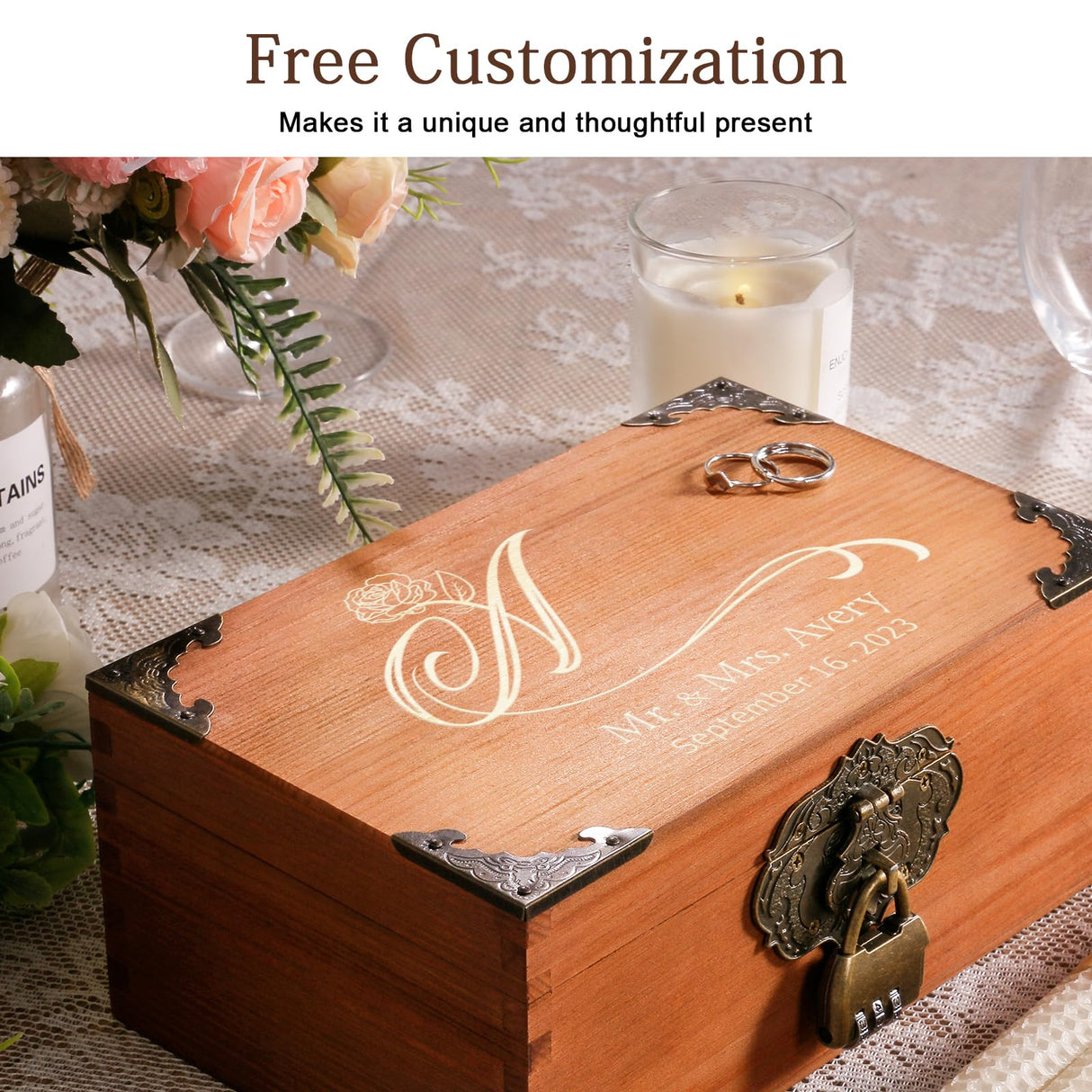TUKDAK Personalized Wedding Keepsake Box with Lock, Wooden Decorative Memory Box, Photo Storage Box, Anniversary Engagement Bridal Christmas Gift for TUKDAK