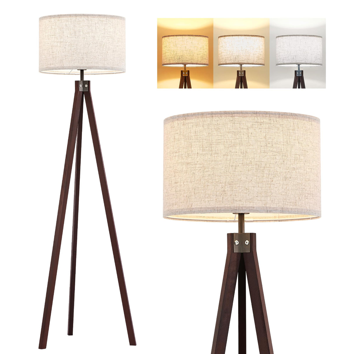 ELYONA Wood Tripod Floor Lamp, Mid Century Modern Reading Standing Light, Tall Studying Light with 3 Color Temperatures LED Bulb & Nature Linen Shade for Farmhouse Living Room Bedroom Office, Walnut ELYONA