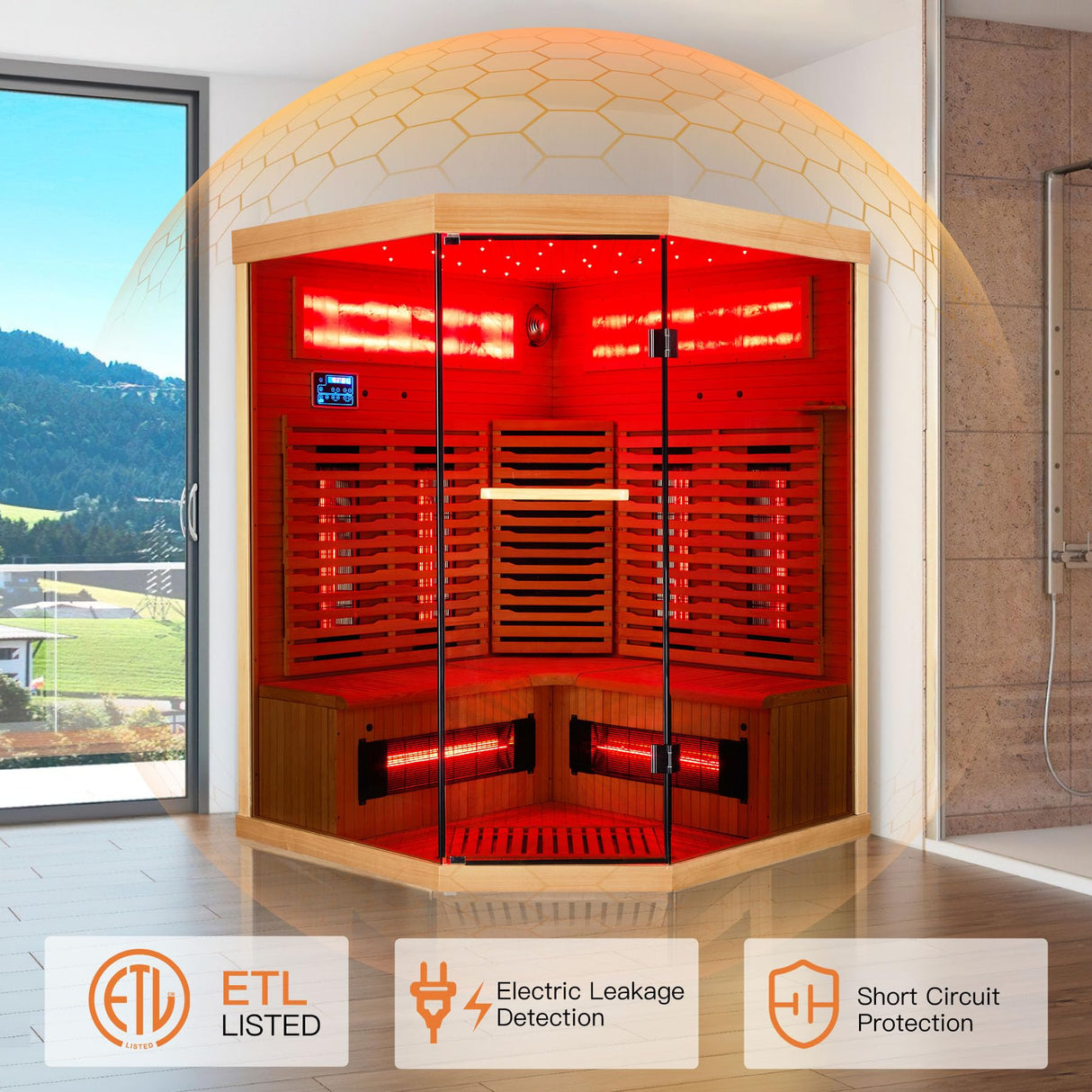 BNEHS Infrared Saunas, 2-3 Person Home Sauna with Himalayan Salt Panel & Rapid Warming System &, Original Corner Sauna with Canadian Hemlock & Tempered Glass, 220V, 15 Amps BNEHS