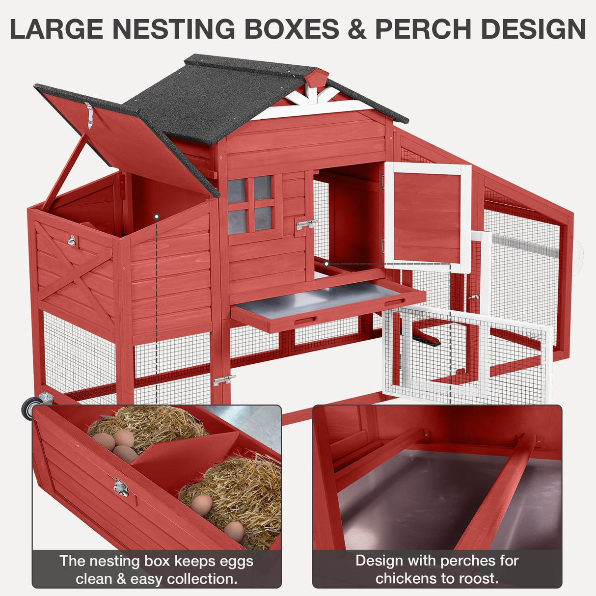 MEDEHOO Chicken Coop with Wheels Wooden Outdoor Chicken House Easy Cleaning with Nesting Box, Deeper Leakproof Pull-Out Tray and UV Proof Panel Roof - Reinforced Version - Red MEDEHOO