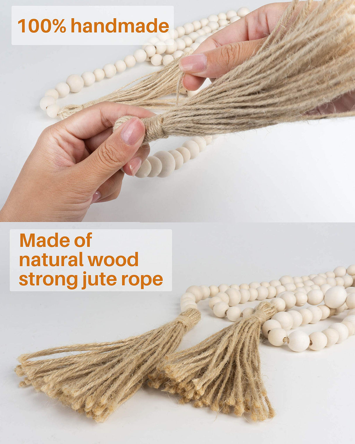 Wood Bead Garland with Tassels, 72 Inch Natural Wooden Beads Garland, 6 Feet Handmade Boho Farmhouse Decor, Coffee Table Decor DF DUALFERV
