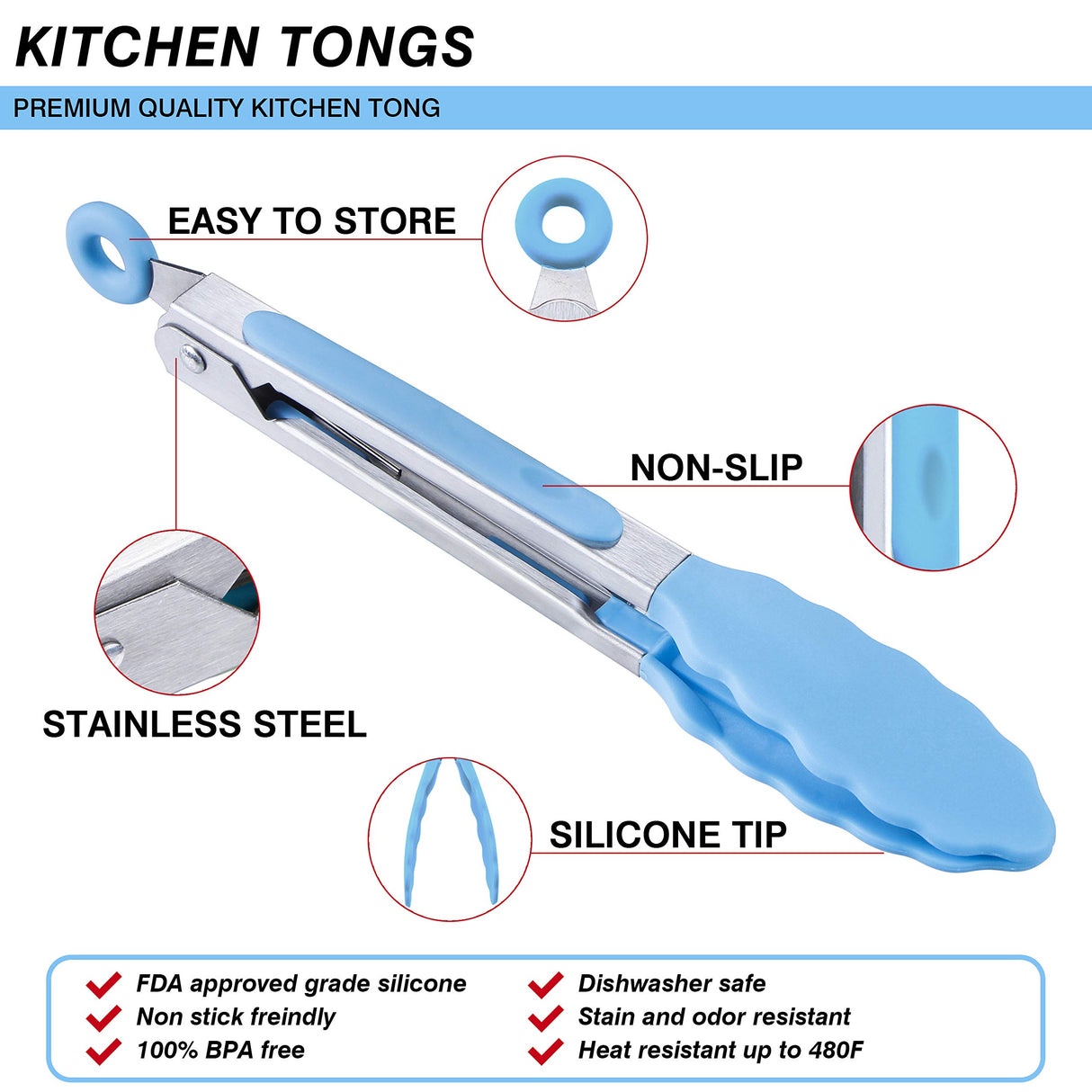 MSY BIGSUNNY Kitchen Food Tongs - 7" Mini Silicone Serving Tongs - Set of 3 (Blue) MSY BIGSUNNY