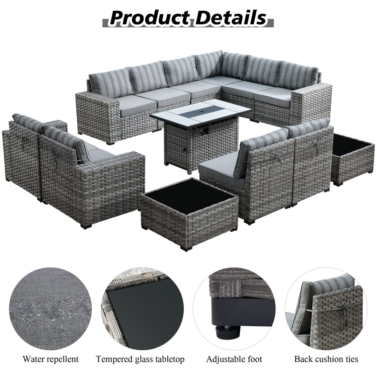HOOOWOOO Outdoor Patio Sectional Furniture Sofa Set with Propane Fire Pit Table,13 Piece Large Modern Wicker Couch with Widened Armrest,Modular L Shaped Conversation Seating Set(Grey Strip) HOOOWOOO
