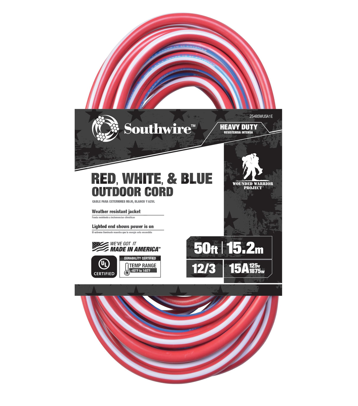 Southwire Heavy Duty Extension Cord, 50Ft, 12 Gauge, 3 Conductor, Outdoor Cord, Lighted End, SJTW, Red/White/Blue, 2548SWUSA1 Southwire