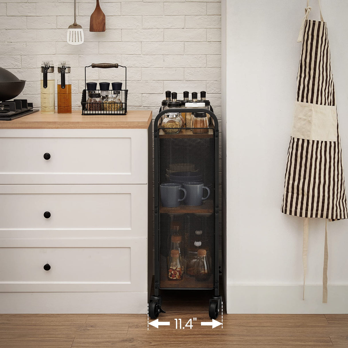 VASAGLE 3-Tier Narrow Storage Cart, Rolling Cart with Wheels, Steel Frame, Slim Storage Cart for Kitchen, Dining Room, Laundry Room, Adjustable Feet Included, Industrial Style, Rustic Brown and Black VASAGLE