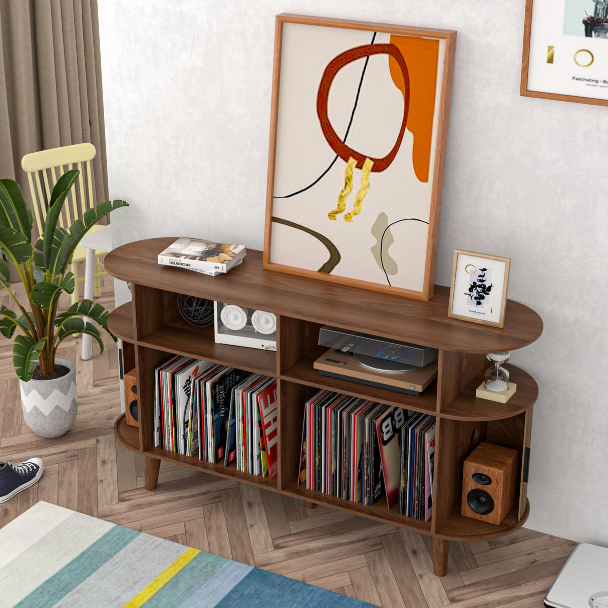 Large Walnut Record Player Stand with Charging Station, Mid-Century Turntable Stand Table, Vinyl Record Player Storage Cabinet for Bedroom, Living Room, Office Athuiline