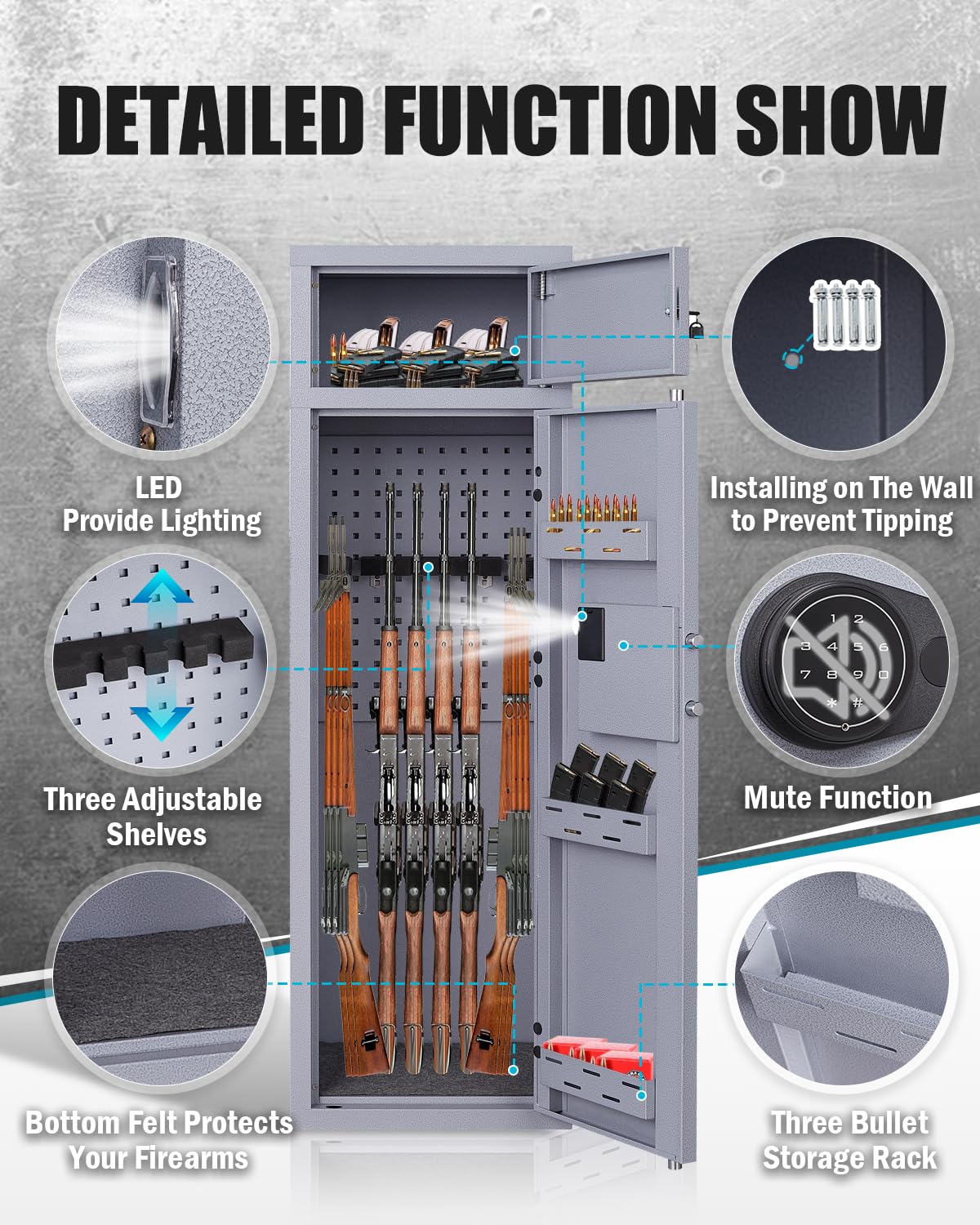 KAER 10-12 Gun Safe, Gun Safes for Rifles and Pistols, Large Gun Safe for Home Rifles and Shotguns, Gun Cabinet, Rifle Safe, Gun Safes & Cabinets, Quick Access Gun Safes with Adjustable Shelves (Grey) KAER