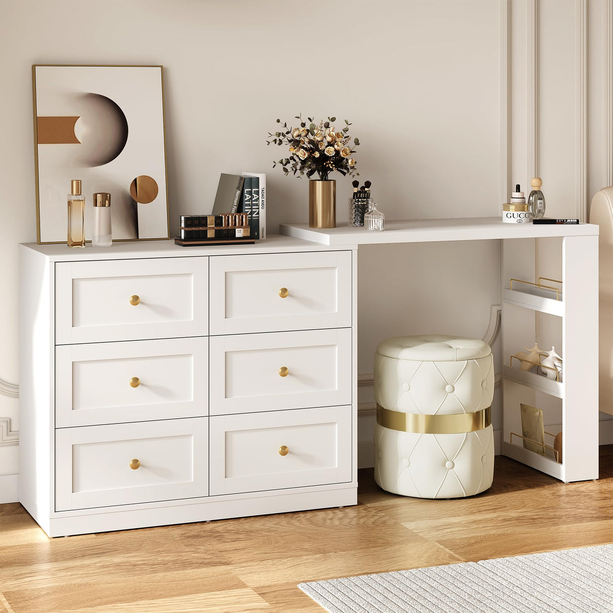 RoyalCraft Vanity Desk and Dresser Combo, 67" Extendable Makeup Vanity Table with Drawers and 3 Side Shelves, Wood Dressing Table for Bedroom, Dressing Room, White RoyalCraft