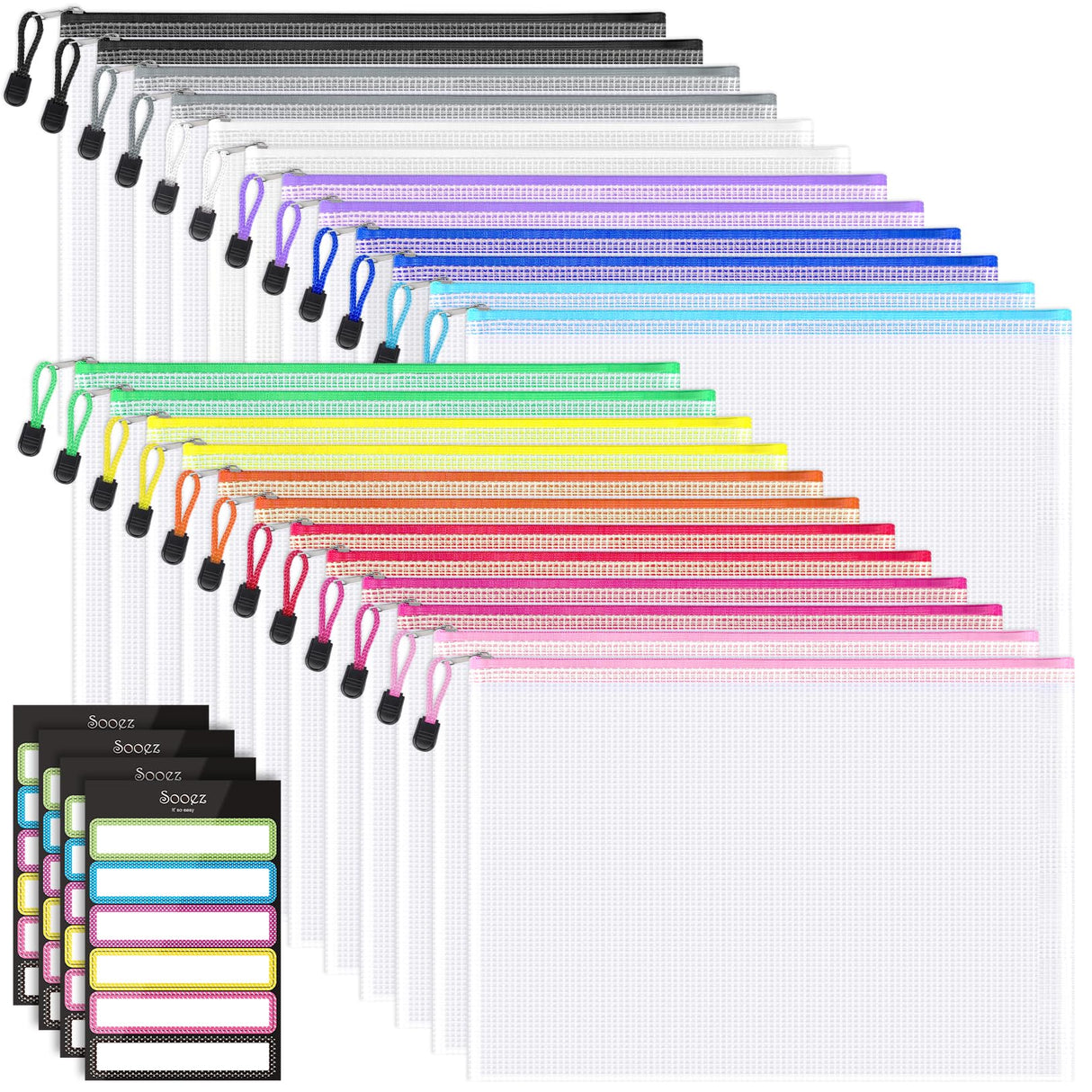 Sooez 24 Pack Mesh Zipper Pouch with Sticky Labels, A4 Mesh Bags for Board Game Puzzles Organization Storage, Durable Letter Size File Folders Organizer for Teacher School Classroom Office Supplies Sooez