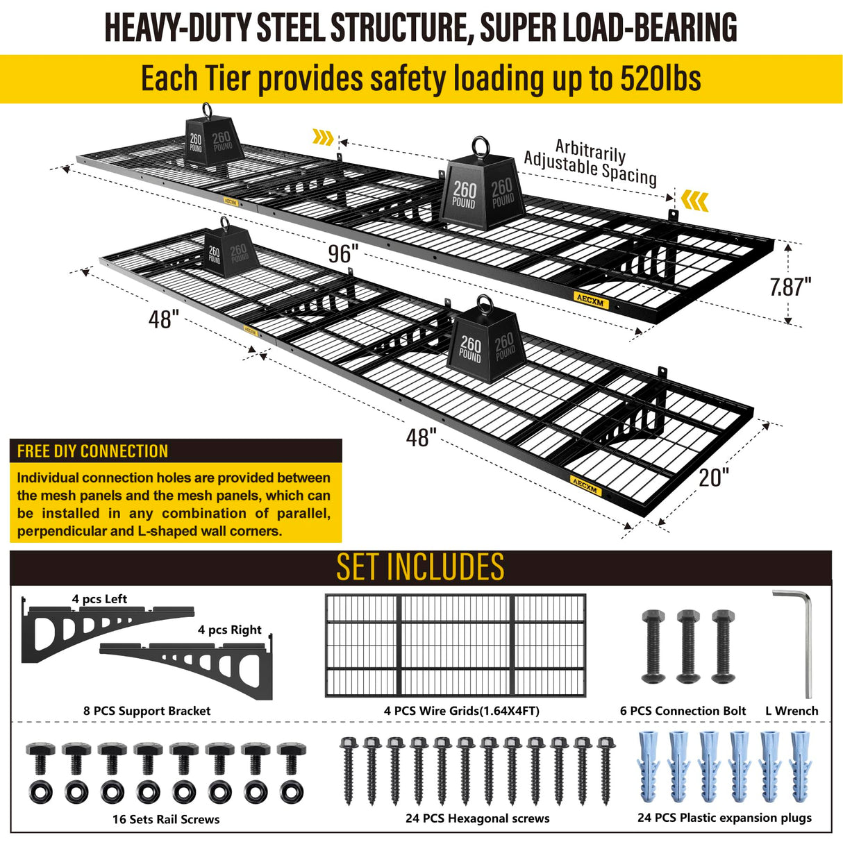 Aecxm 4 Pack-1.64x4ft Wall Garage Storage Shelf, Adjustable Sliding Rail Design Garage Wall Shelf, for Tool Room, Storage Garage Wall Storage Shelf (Black) Aecxm