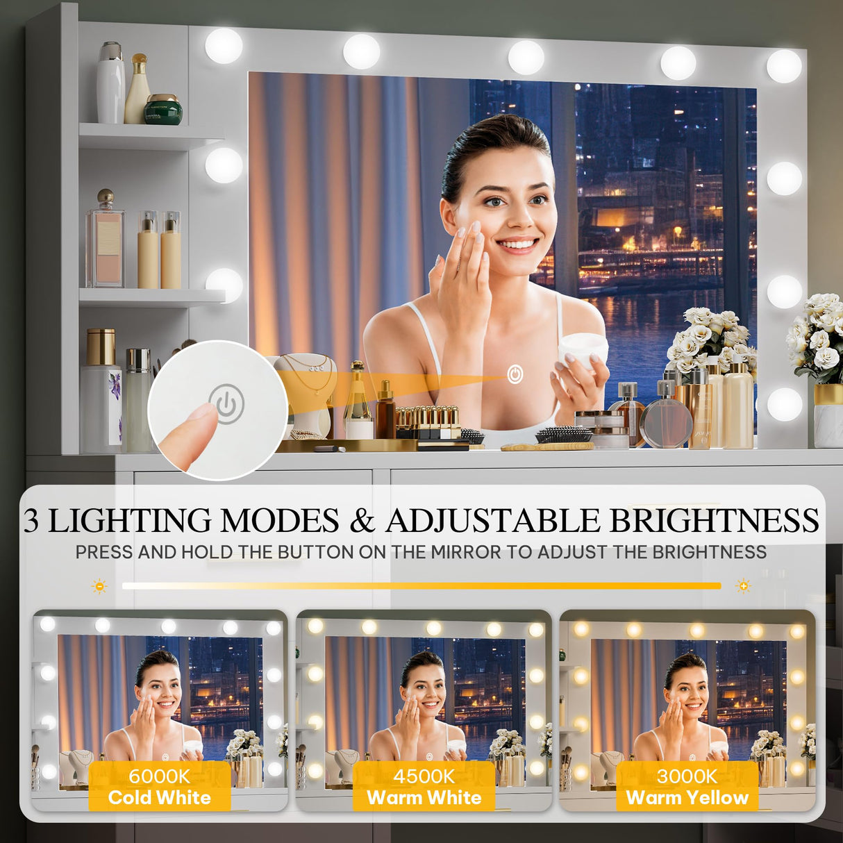 DWVO Vanity Desk with Mirror, Large Makeup Table with Power Outlets, 11 LED Bulbs, 3 Adjustable Light Modes, 4 Drawers and Built-in Shelves, Hollywood Dressing Vanity Desk Set for Bedroom, White DWVO