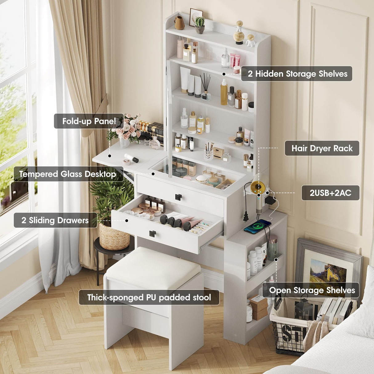 Vabches Small Makeup Vanity Desk with 3 Adjustable Lighted Mirror, White Vanity Set with Fold-up Panel and Charging Station, Glass Top Dressing Table with Drawers and Chair, 2 Hidden Storage Shelves Vabches