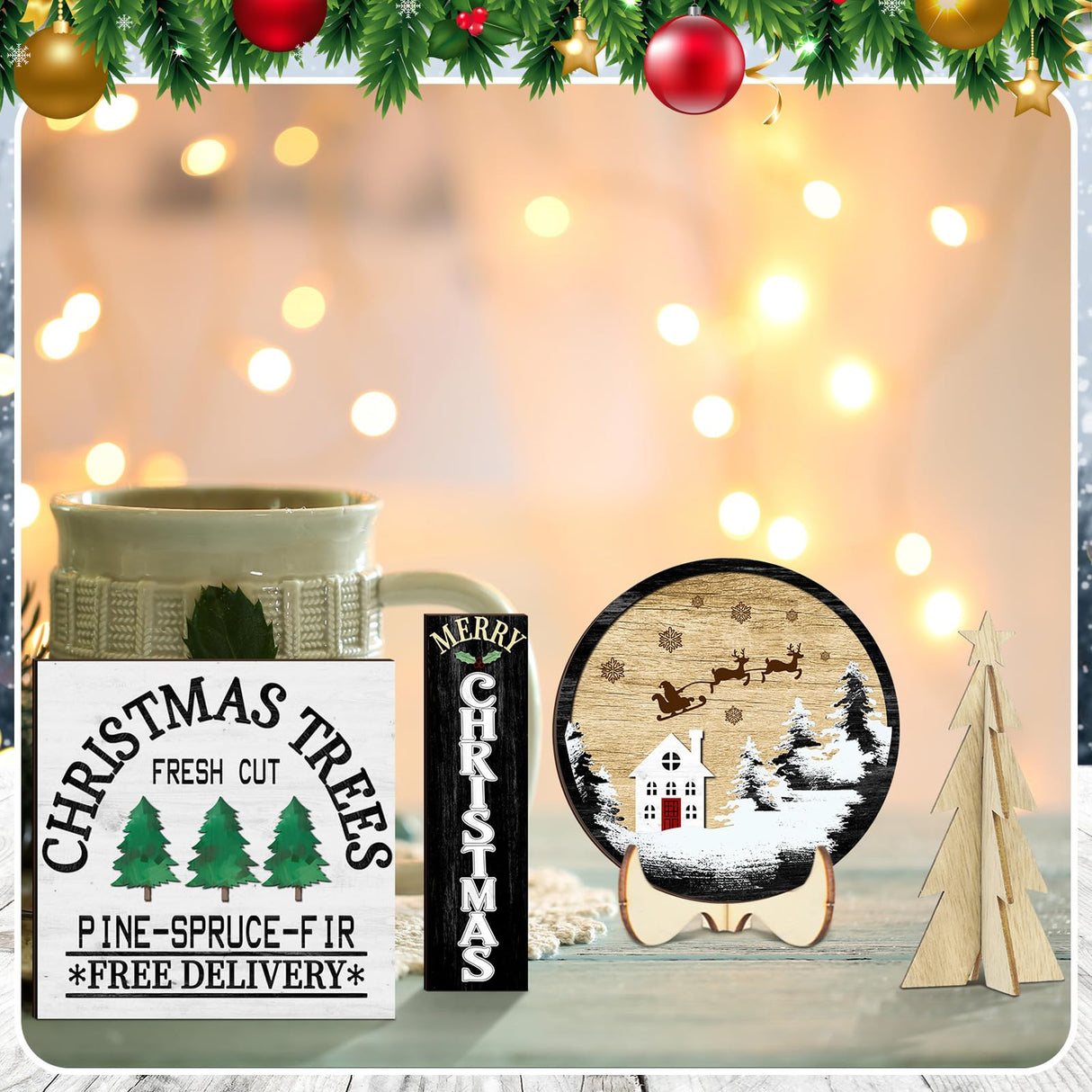 Christmas Tiered Tray Decor Christmas Trees Merry Christmas Let It Snow Wooden Signs Christmas Table Decorations Centerpieces Rustic Farmhouse Decor for Xmas Winter Home Table Shelf Tradder