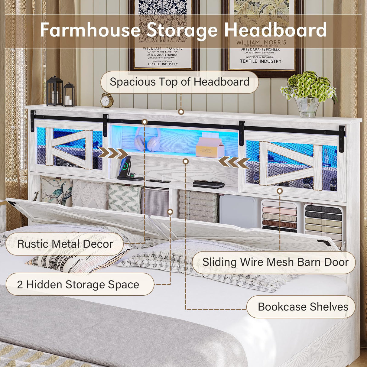 busyaeh Farmhouse Bed Frame Queen Size with Storage Bookcase Headboard, Wooden Queen Bed Frame with Charging Station & Led Light, Rustic Platform Bed Frame with Sliding Barn Door, No Box Spring Needed busyaeh