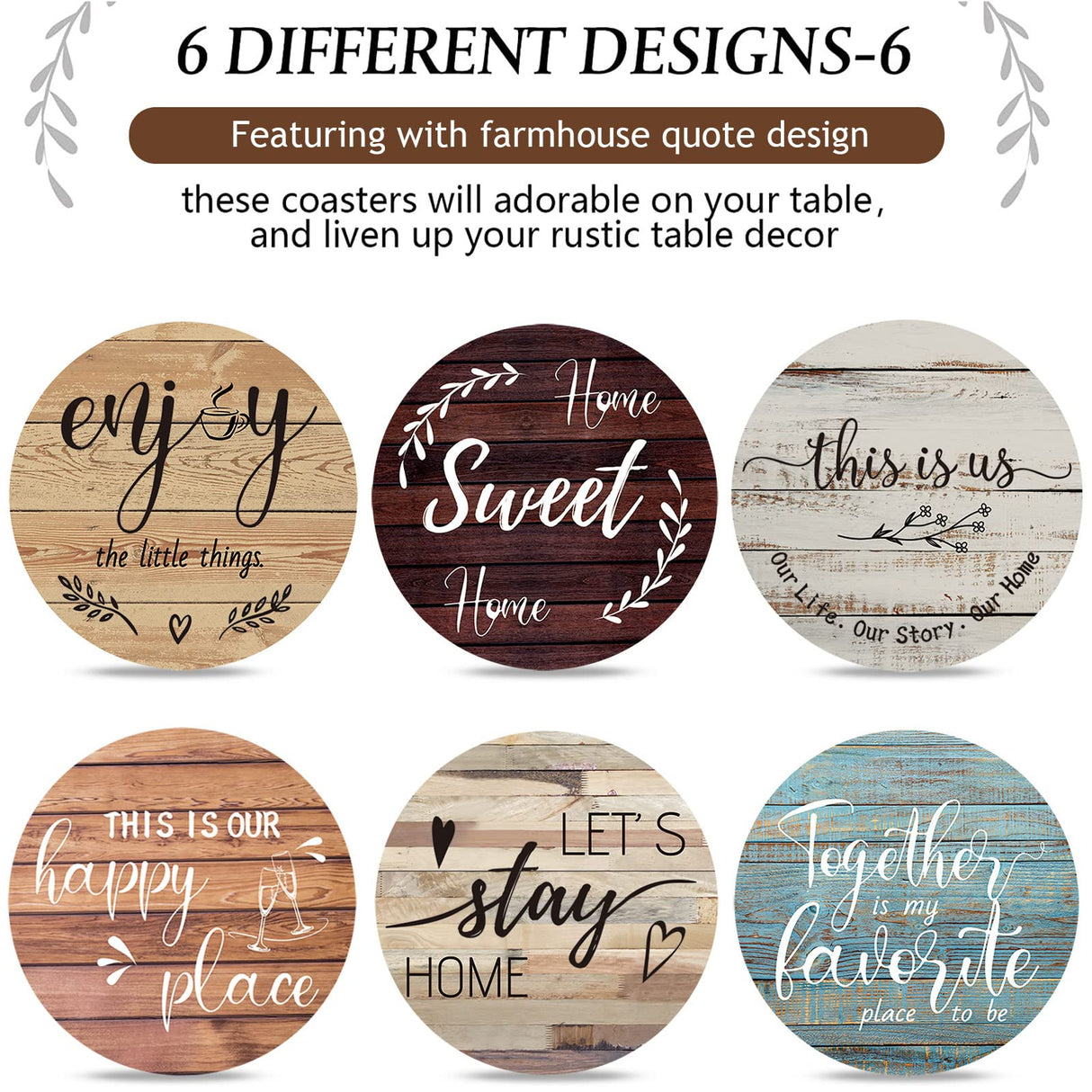 Queekay Housewarming Gifts for Home Decoration Wooden Heart Coasters for Drinks 6 Set Farmhouse Coasters with Holder Funny for Family Coffee Table Protection, 4''(Classic Farmhouse) Queekay
