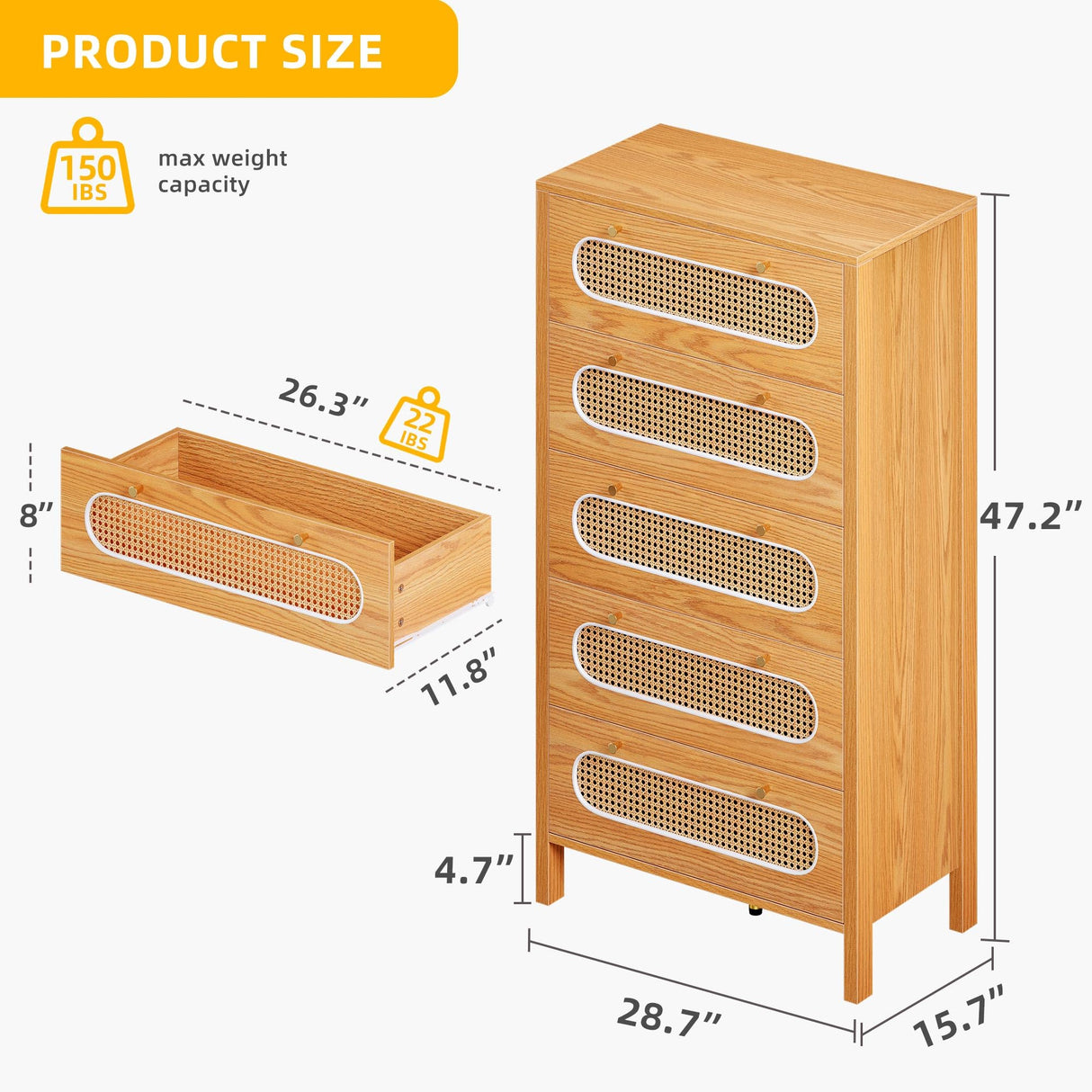 DWVO 47" Tall Natural Rattan 5 Drawer Dresser, Boho Dresser Chest of Drawers with Golden Handles, Wood Dresser Storage Cabinet for Hallway, Entryway, Hold up to 300lbs, Oak DWVO