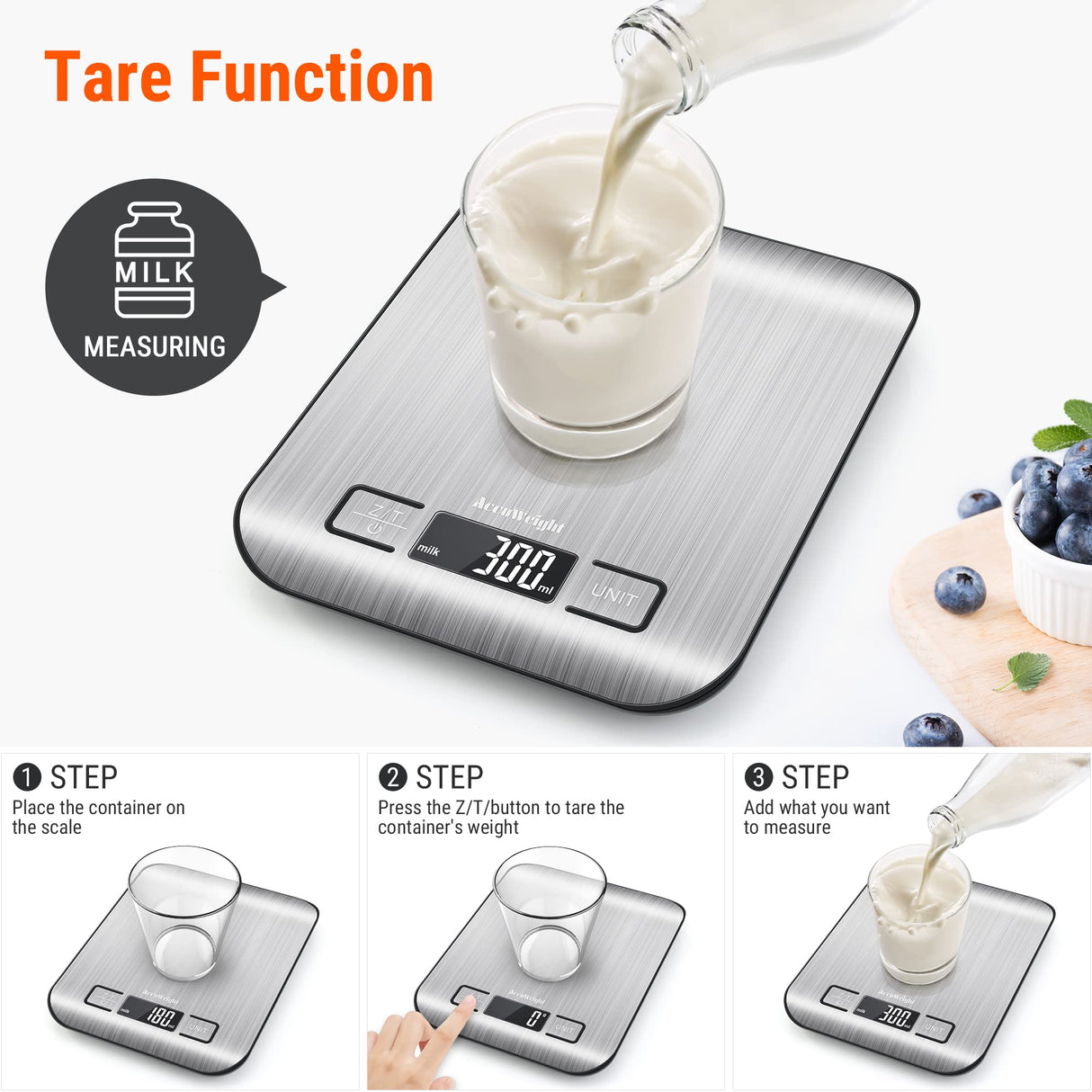 AccuWeight 211 Digital Kitchen Food Scale for Cooking Baking Coffee Scale 5000g by 1g with Tare and LCD Display Food Weight Scale, 8.11×6.42×1.18" Silvery AccuWeight