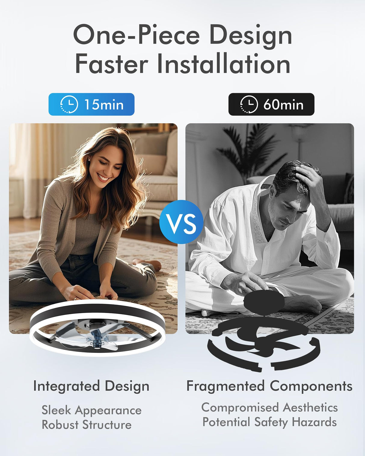 CubiCubi Modern Ceiling Fans with Lights, 20 Inch Black Fandelier with Remote Control and APP, Quiet LED Fan Light with 3CCT and 6 Wind Speeds, Low Profile Flush Mount Fan for Bedroom, Dining Room CubiCubi