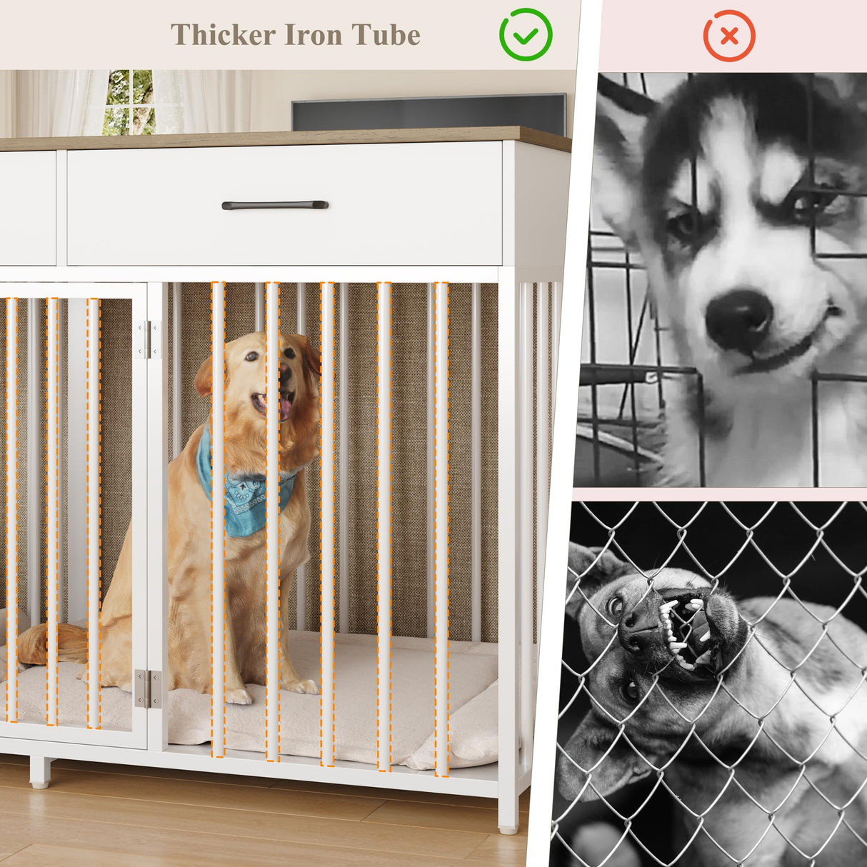 HOSTACK Double Dog Crates Furniture, 71" Wide Indoor Dog Kennel with 3 Drawers, Farmhouse Dog Cage for 2 Large/Medium Dogs, Heavy Duty Dog Crate with Removable Room Divider, Wooden Pet House, White HOSTACK