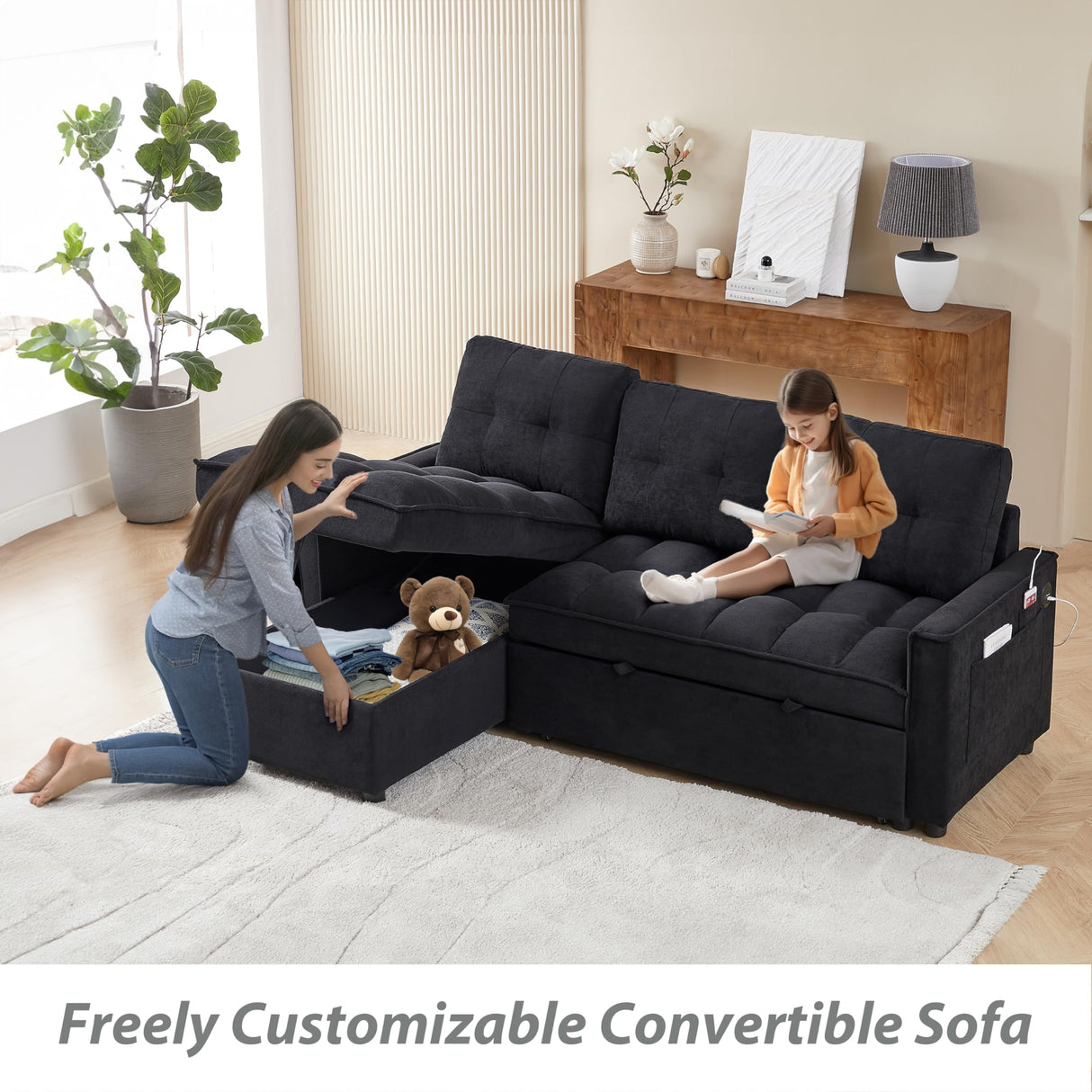 L-shape Pull out Sleeper Sofa Couch Bed,Modern Sofa Bed with Reversible Storage Chaise Lounge,Velvet Upholstered Tufted Sectional Corner Sofabed with USB Ports and Side Pockets for Living Room,Bedroom KINFFICT