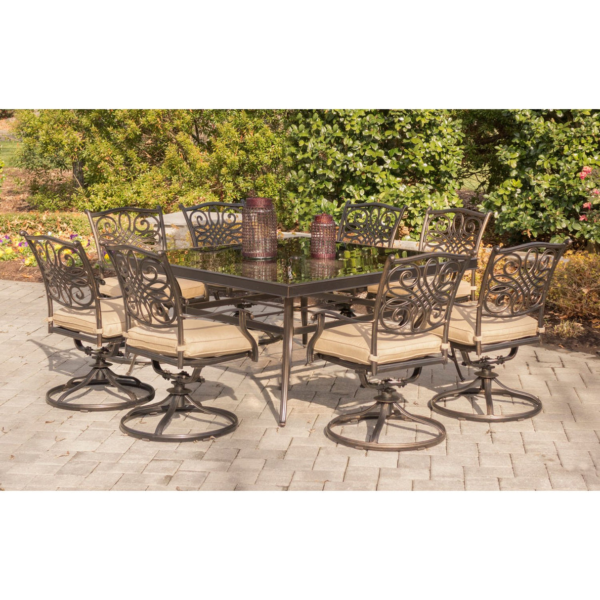 Hanover Traditions 9-Piece Outdoor Dining Set with Tan Cushions, 8 Swivel Rockers and Tempered Glass Square Dining Table, All-Weather, Rust-Resistant Aluminum Patio Dining Set for 8 Hanover