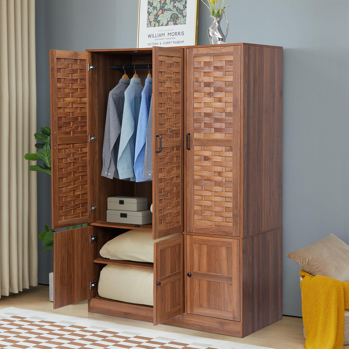 LEVNARY Wardrobe Closet with 6 Woven Doors, Walnut Armoire Wardrobe Cabinet for High Storage Capacity with Adjustable Shelves and Hanging Rail, Freestanding Tall Bedroom Closet (Walnut) LEVNARY