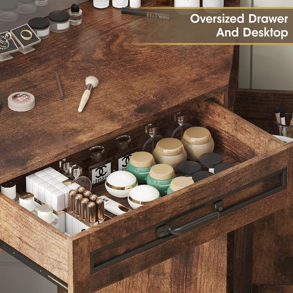 Maupvit Makeup Vanity Desk, Corner Vanity Desk with Mirror and Lights, Farmhouse Vanity Table with 10 Bulbs&4 Charging Stations, Makeup Desk with 3 Drawers&Cabinet, 3 Lighting Modes Adjustable, Brown Maupvit