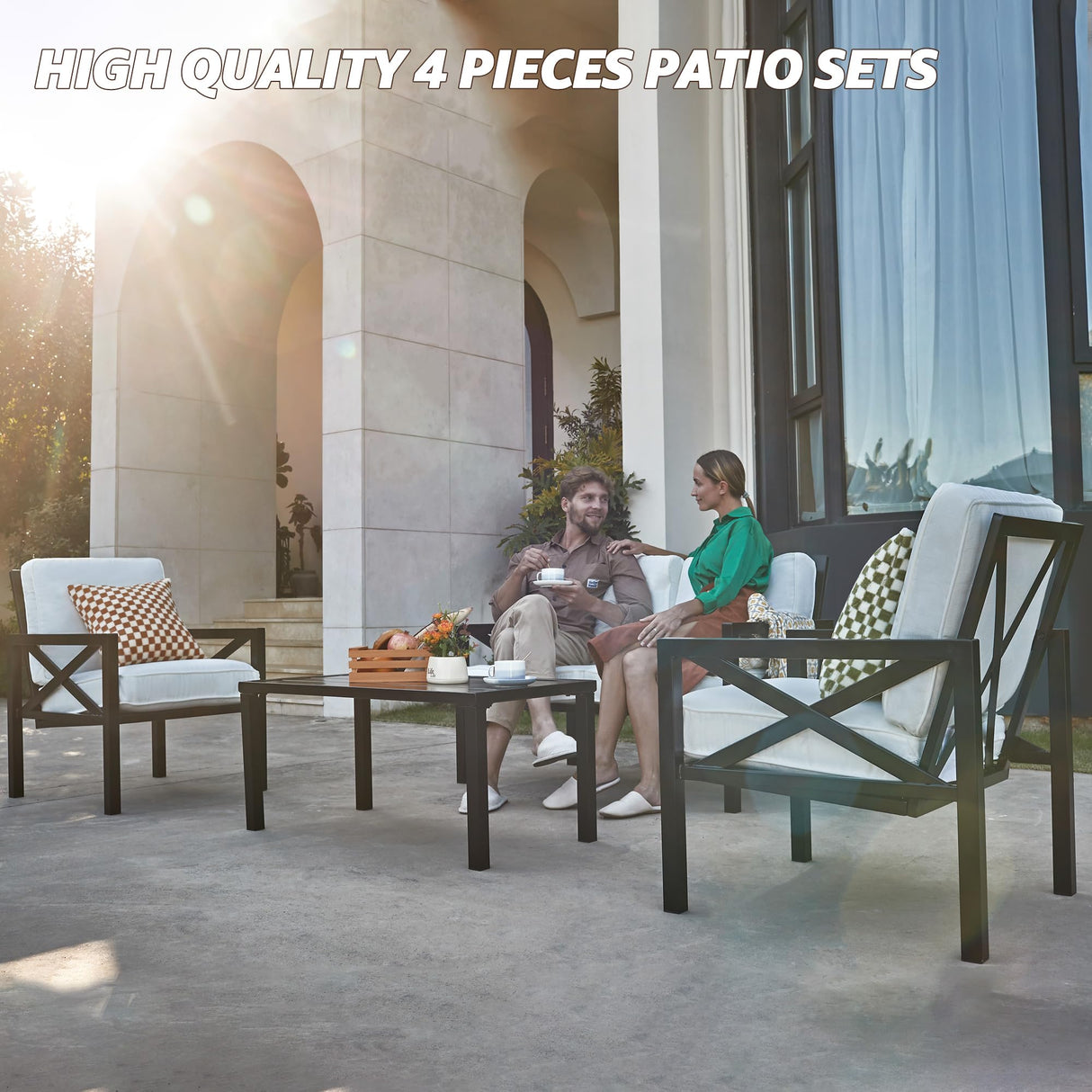 NATURAL EXPRESSIONS Outdoor Patio Furniture 4 Pieces Set, Modern Patio Conversation Sets, Outdoor Sectional Metal Sofa with 5.5 Inch Cushion and Coffee Table for Balcony, Garden NATURAL EXPRESSIONS