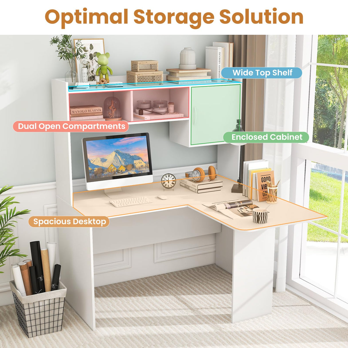 Giantex L Shaped Desk with Hutch, Corner Computer Desk with Storage Shelf & Cabinet, Laptop PC Table Gaming Desk Workstation, Modern Executive Study Writing Desk for Home Office, Bedroom, White Giantex