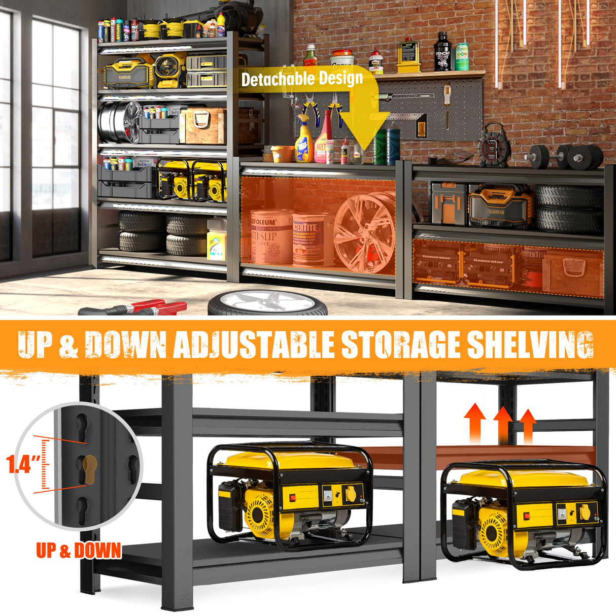 ErgoNova 72" H Garage Shelving,3500LBS Heavy Duty Garage Storage Shelves,Adjustable 5-Tier Metal Shelving Unit,for Garage Warehouse Basement Industrial Utility Racks,23.6" D X 48" W X 72" H,Black ErgoNova