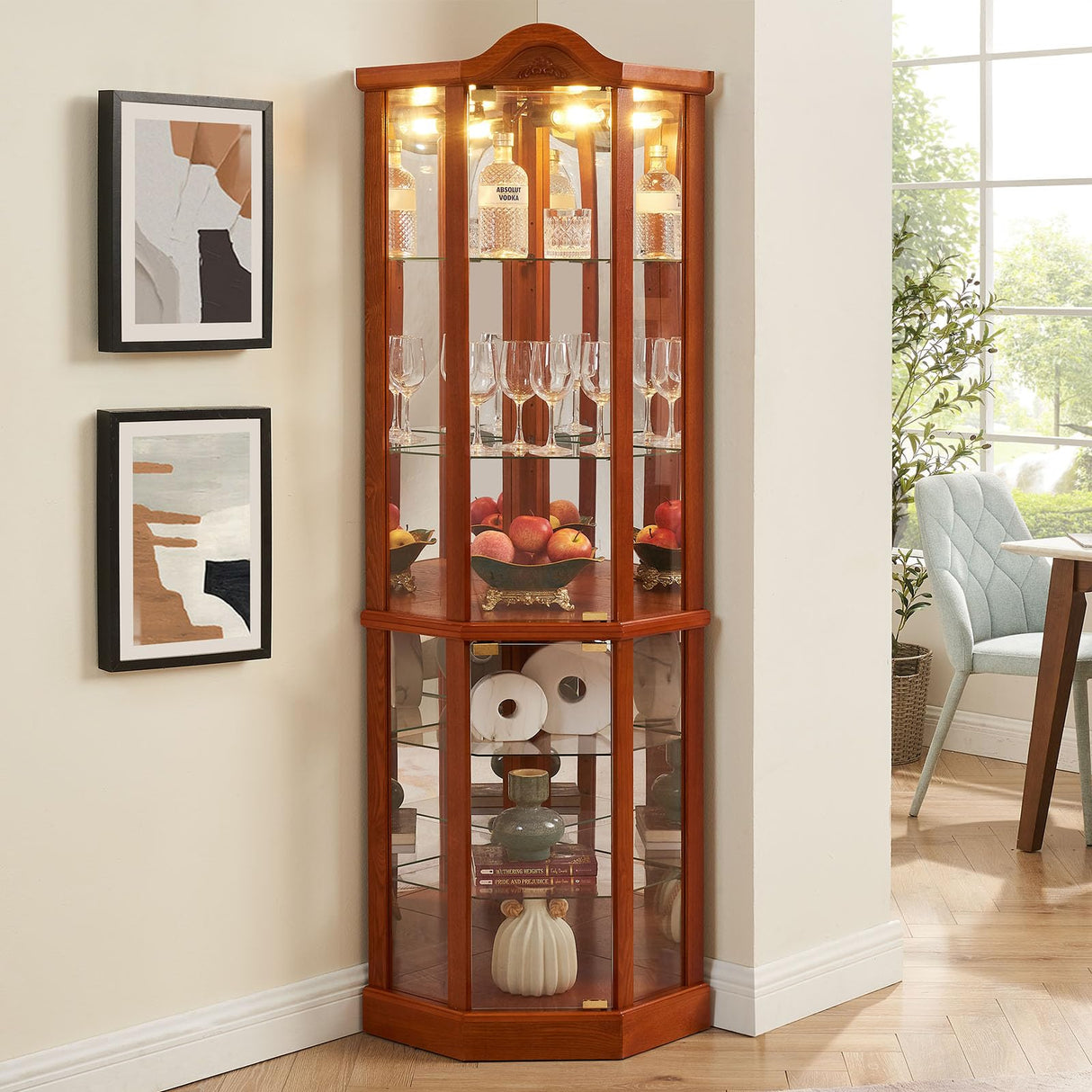 Glass Display Cabinet with Glass Doors, Corner Curio Cabinet with 4 Adjustable Glass Shelves, China Cabinet with Wooden Flower Carving for Living Room, Hallway, Oak Hayiodda