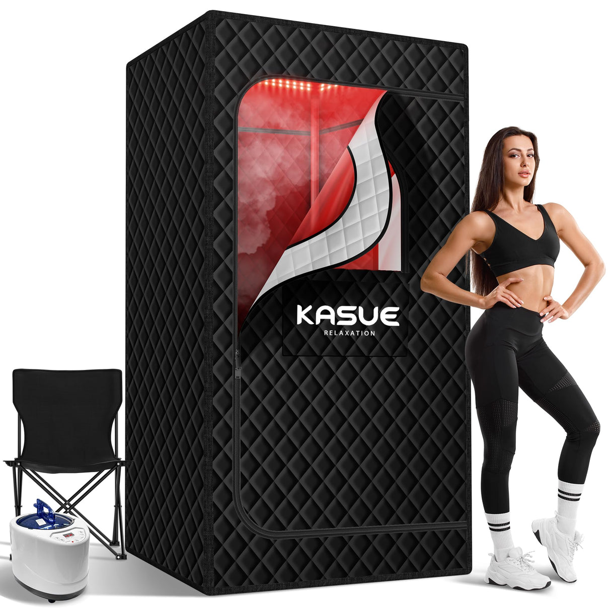 KASUE Upgraded Infrared Sauna Box for Relaxation,Detoxification,Portable Steam Sauna for Home with XL Steamer,Folding Chair,Multiple Layered Full Body Sauna Tent for Spa,Indoor,Outdoor,Gym-Black KASUE