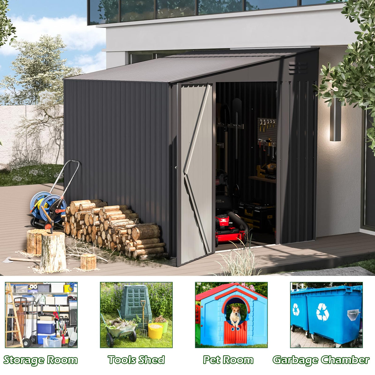 AECOJOY Shed Lean to Storage Shed, Outdoor 6' x 8' Metal Wall Side Bike Shed & Outdoor Storage, Garden Storage Cabinet for Backyard, Patio and Outdoor Use in Dark Grey AECOJOY