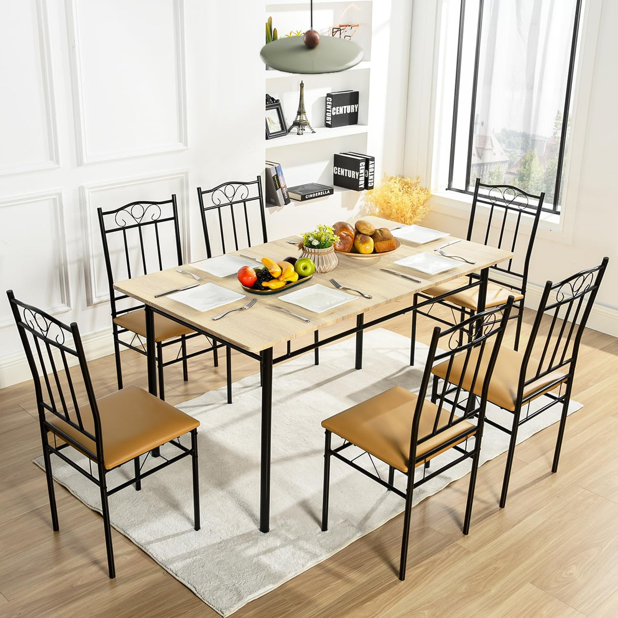 Homy Casa 7-Piece Modern Dining Set for 6, 55.1" Square Table with PVC Soft-Cushion Seats, Space-Saving Design, Metal Frames, Ideal for Small Kitchens, Apartments, and Dining Rooms, Light Yellow Homy Casa