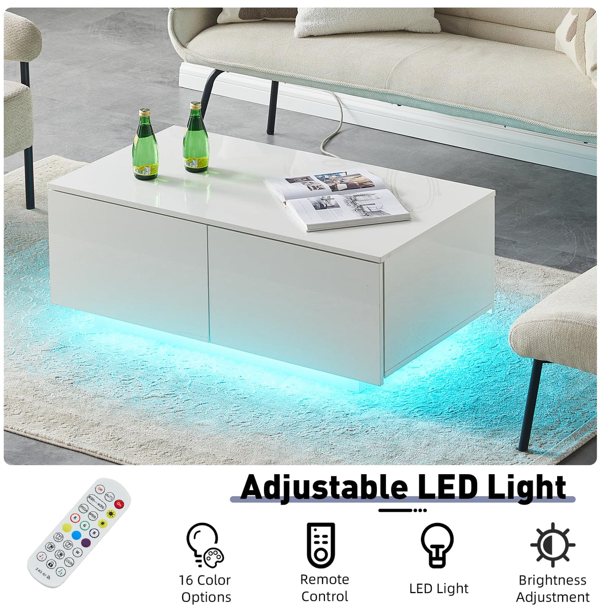 TUKAILAi Coffee Table with 4 Drawers, LED Lights & Power Strip Modern Minimalist Rectangle Coffee Table for Home Living Room Office (White) TUKAILAi