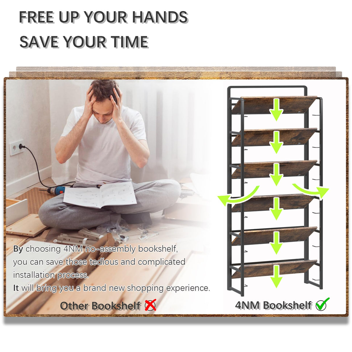 4NM No-Assembly 6 Tiers Folding Bookshelf Storage Shelves Vintage Bookcase Standing Racks Study Organizer Home Office (Rustic Brown and Black) 4NM