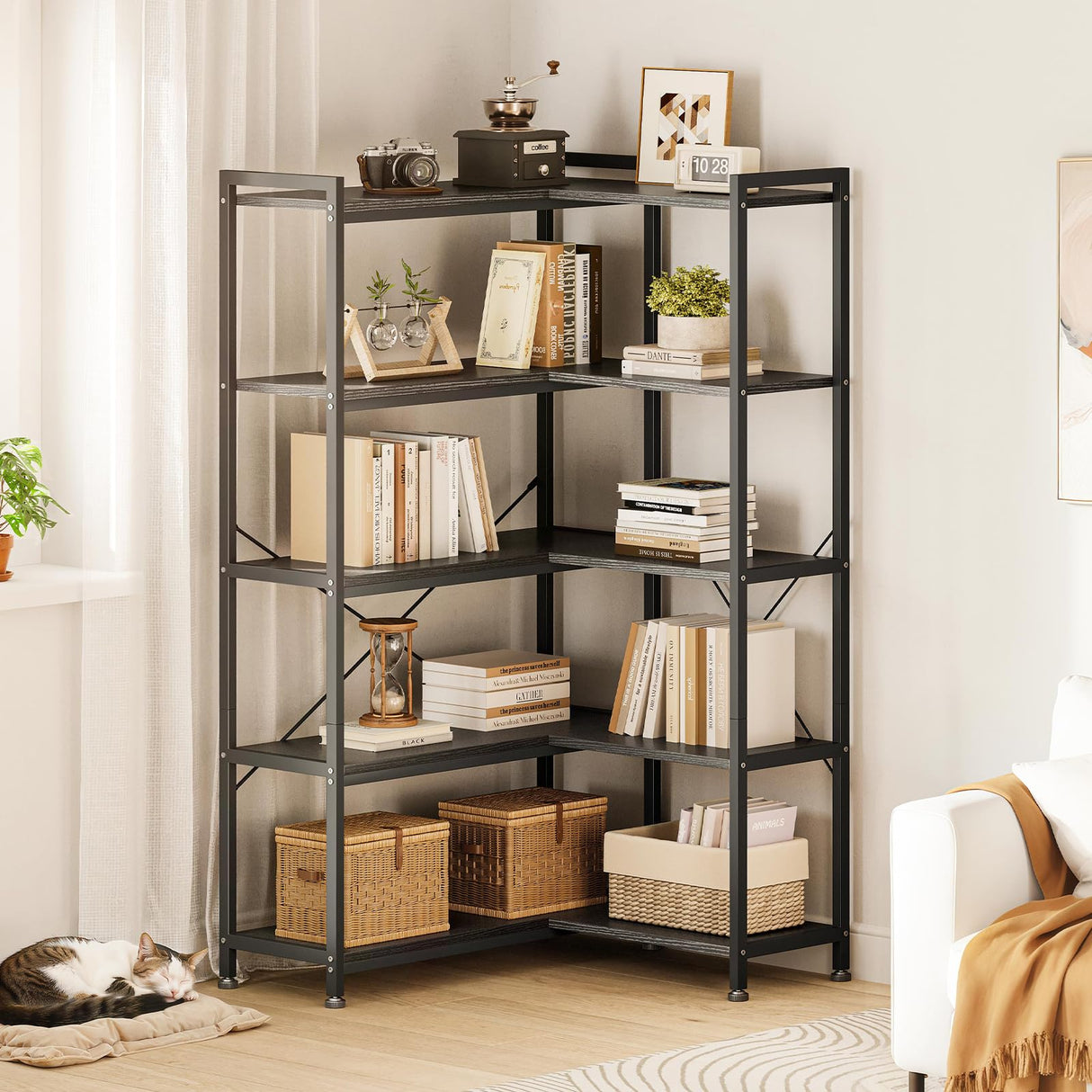 Casaottima Corner Bookshelf 5 Tier, 57 Inches Reversible Book Shelf for Living Room, Industrial Wooden Bookcase with Open Shelves and Metal Frame for Bedroom, Home Office, Kitchen, Black Casaottima