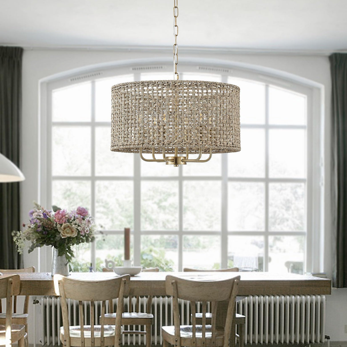 Giutna 20" Rattan Hand-Woven Boho Chandelier for Dining Room, 6-Light Rattan Drum Wicker Farmhouse Chandelier Large Vintage Chandelier Pendant Light Fixture for Kitchen Island Entryway(Gold) Giutna