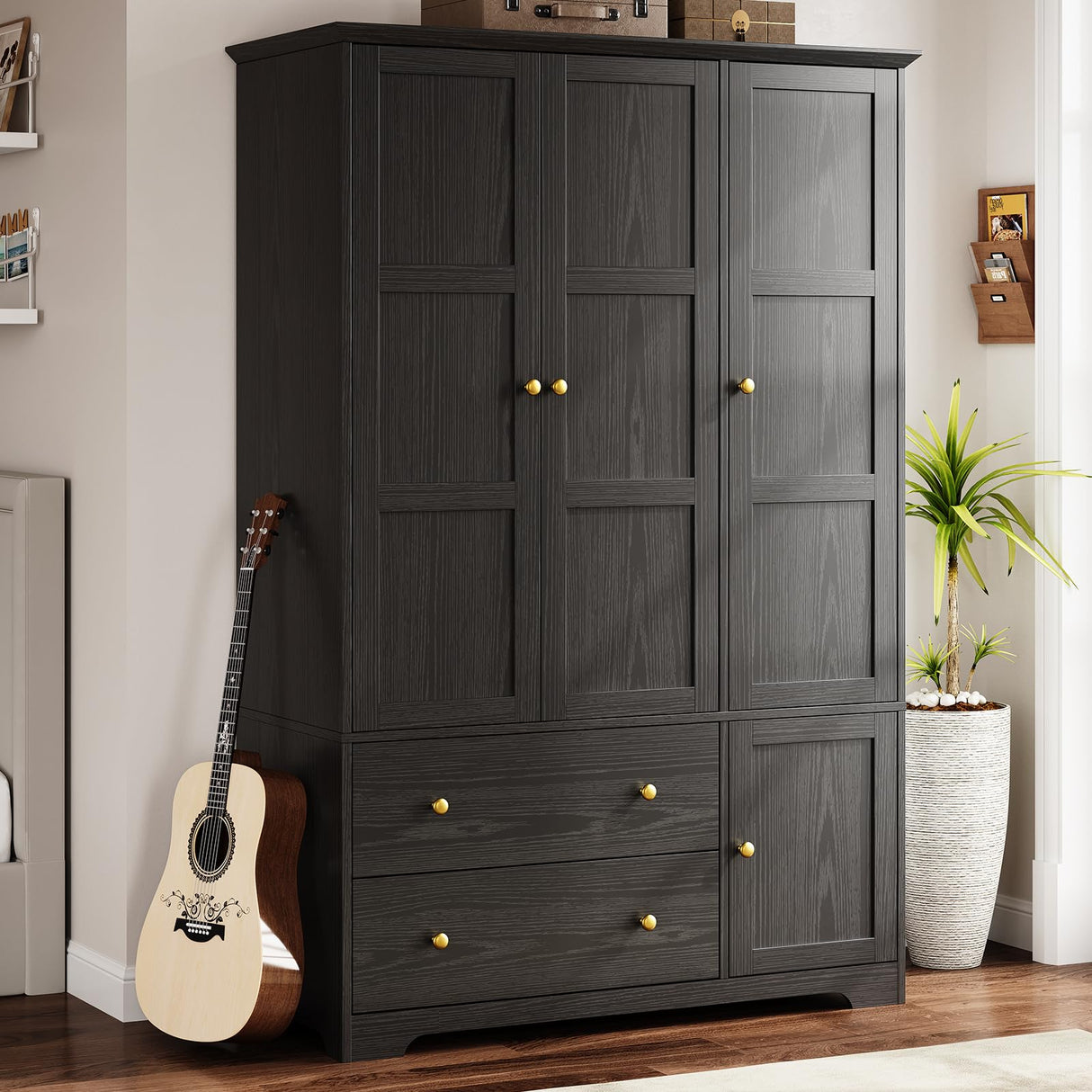 ONBRILL 3 Doors Wooden Wardrobe Closet Armoire with Pull Out Pants Rack, Bedroom Large Capacity Armoire with Drawers and Shelves, Storage Cabinet for Hanging Clothes, Black ONBRILL