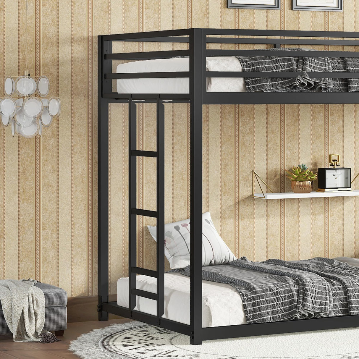 Bellemave Twin Over Twin Metal Bunk Beds for Kids/Adults,Heavy Duty Kids Floor Bunk Bed Twin Size,Noise Reduced Structure,Black Bellemave