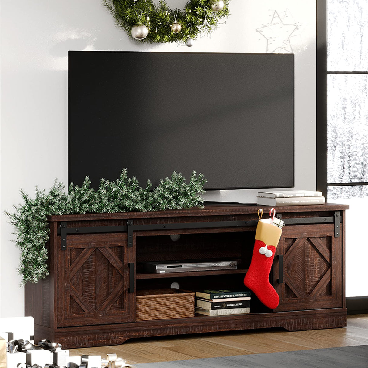 WAMPAT Farmhouse TV Stand Modern Sliding Barn Door Entertainment Center for TVs Up to 65 inch, Wood TV Media Console Table Cabinet Storage for Living Room, Rustic Brown WAMPAT