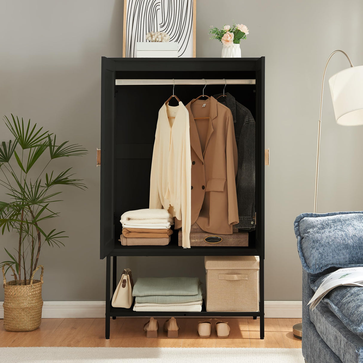 MtuxuYR Bedroom Armoire,Wooden Rattan Armoires Metal Frame with Large Storage Space & Elegant Handle 2 Doors for Bedroom(Black) MtuxuYR