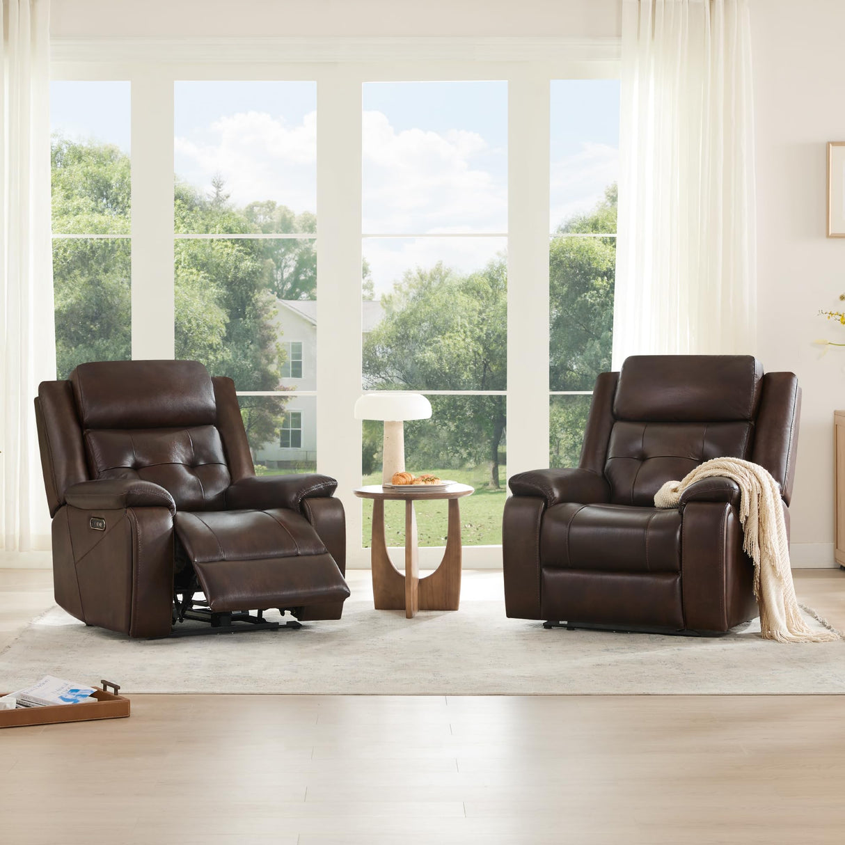 Watson & Whitely Genuine Leather Power Recliner Chair for Adults, Wall Hugger Recliner with Power Headrest, Cup Holders & Charging Ports, Electric Reclining Chairs for Living Room, RV, Dark Brown Watson & Whitely