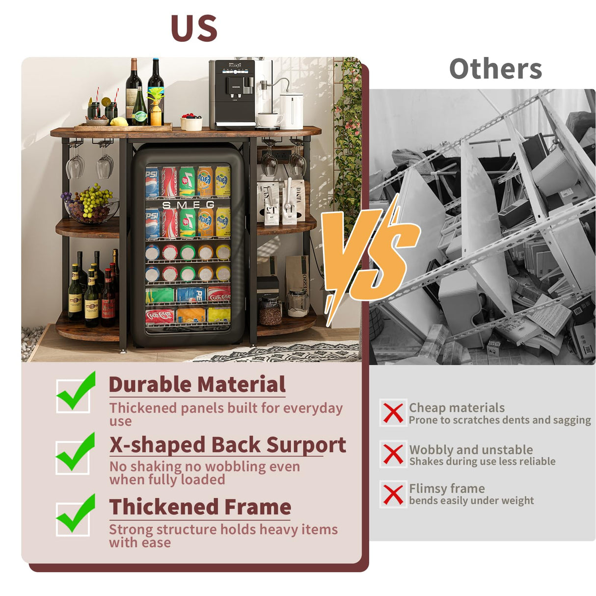 METYERRY Bakers Rack with Power Outlet and LED Light, Microwave Stand with Storage,Coffee Bar Cabinet with Wine Rack,Kitchen Shelf Suitable for Kitchen, Dining Room, Living Room, Rustic Brown METYERRY