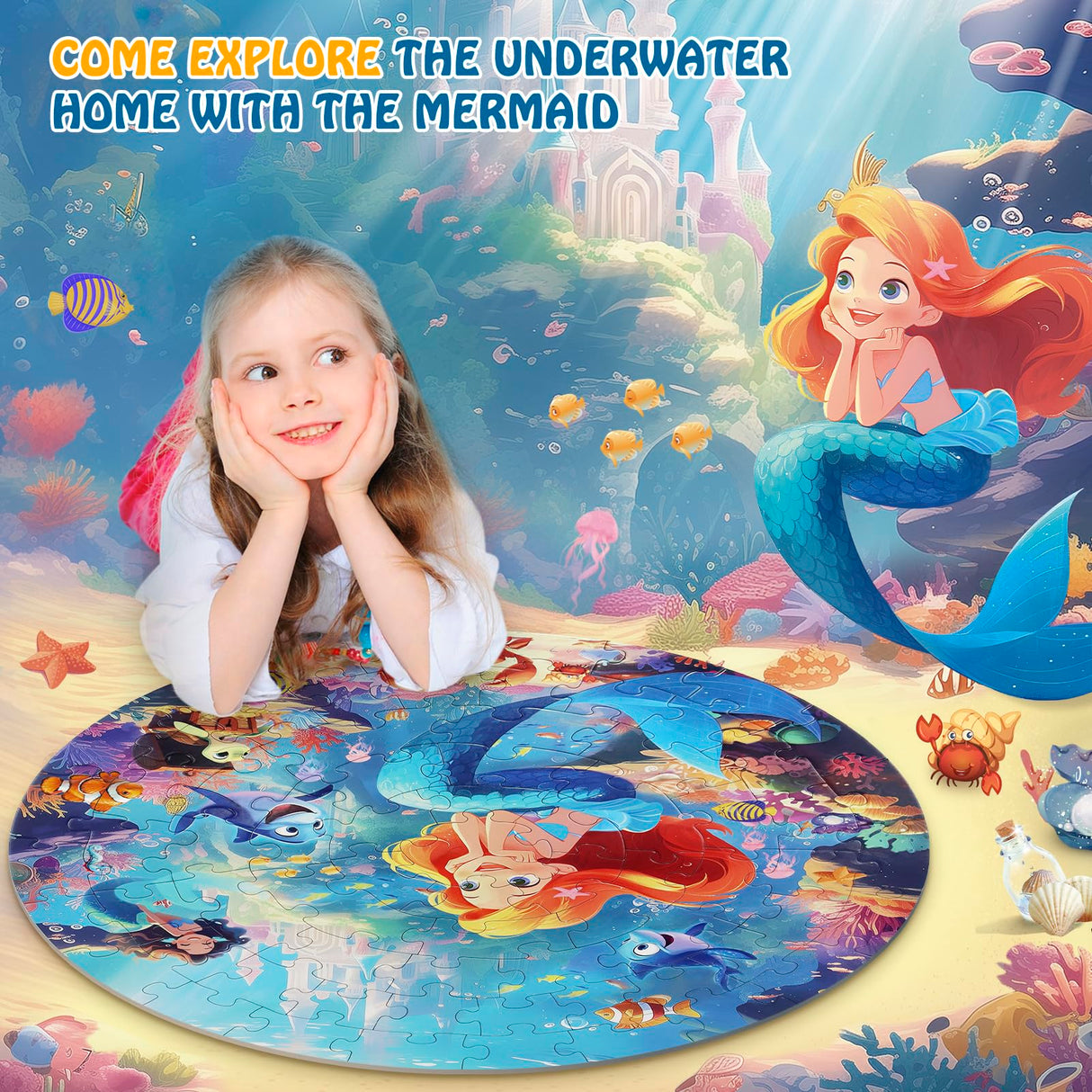 DIGOBAY Floor Puzzles for Kids Ages 3-5, 70 Pieces Mermaid Jigsaw Puzzle for Toddler Girls Ages 3 4 5 6 7 8 Year Old, Large Round Underwater Princess Puzzle Educational Learning Toys Birthday Gift DIGOBAY