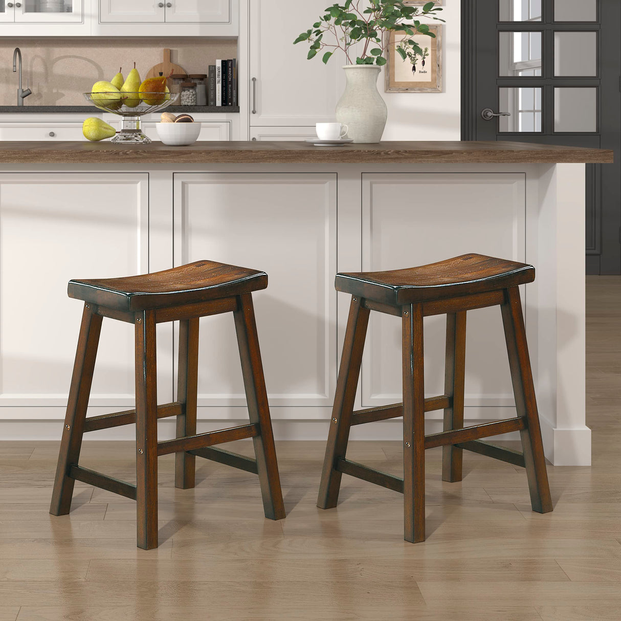 Lexicon Finnian Saddle Solid Wood Counter Height Bar Stool Set of 2 - Saddle Kitchen Stool Dining Height Stools for Dining, Armless Counter Chair Seating, Perfect Casual - 23.5" SH Distressed Cherry Lexicon
