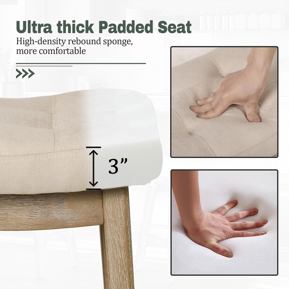 RNKSFX Counter Height Bar Stools Set of 3 for Kitchen Counter Farmhouse Modern Barstools with Upholstered Fabric Backless Seat and Solid Wood Legs 24 inch Bar Chairs, Khaki + Wood Color RNKSFX