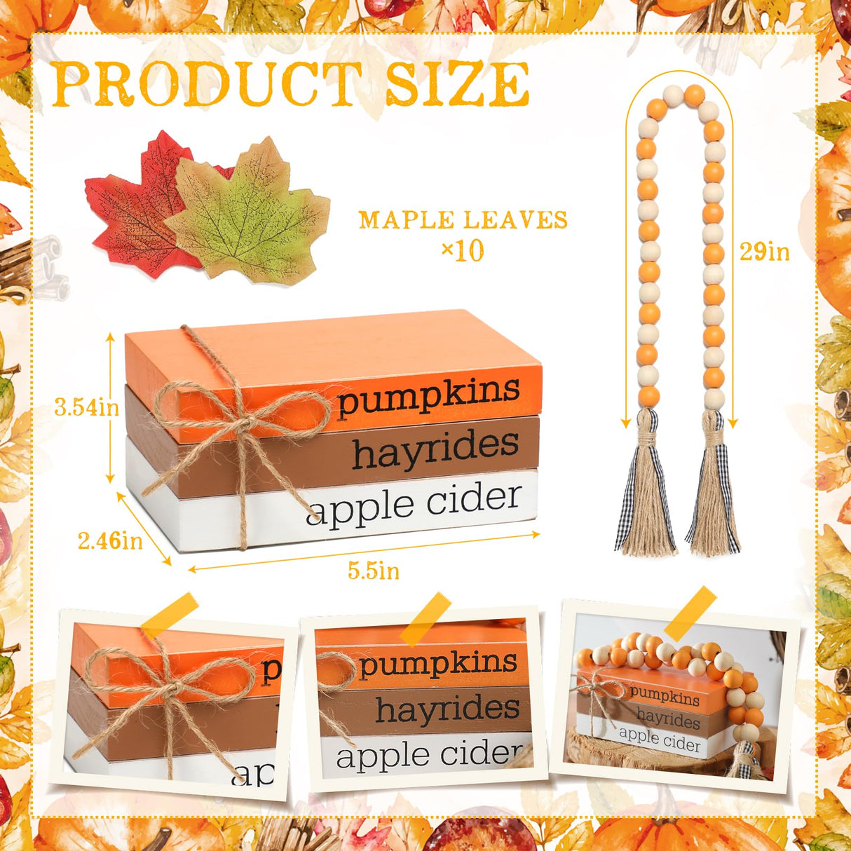 Fall Tiered Tray Décor, Wood Book Stack with Maple Leaves and Fall Bead Garland, Fall Decor for Table, Farmhouse Mini Decorative Books Bundle KORMMCO