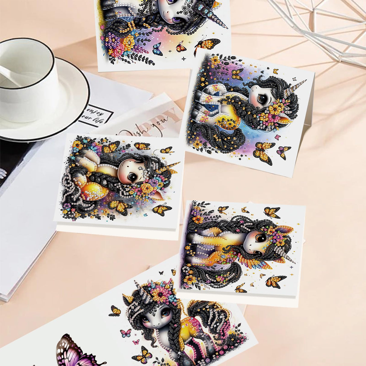 TDFERAN 6 Packs DIY Diamond Art Cards Unicorn Diamond Painting Cards Holiday Card Making Kit Diamond Art Cards with Envelopes Diamond Painting Greeting Cards for Holiday Birthday Thanksgiving Day TDFERAN